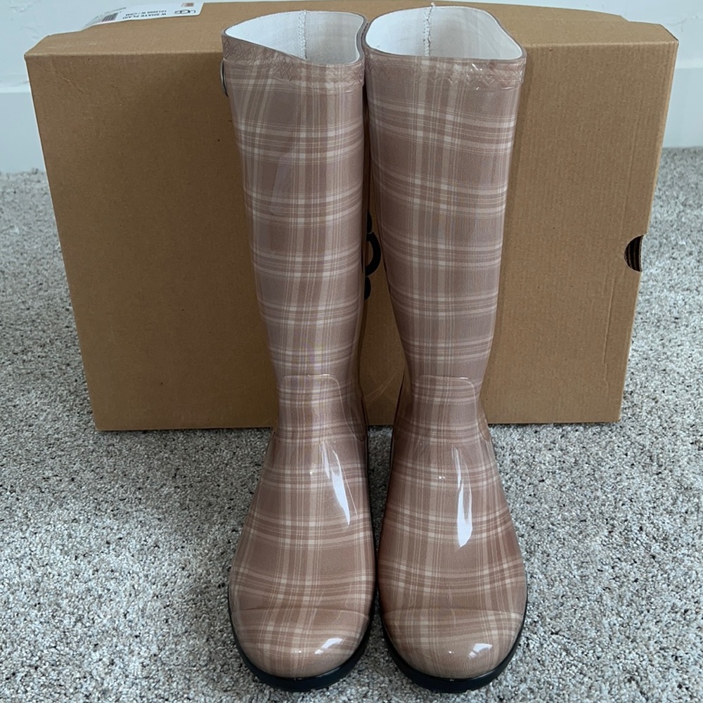 AUTH NIB UGG Shaye Plaid Rubber Shearling Lined Glossed Waterproof Rain Boots - Picture 2 of 12